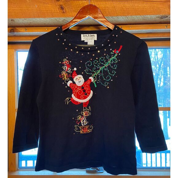 Jack B Quick Sweaters - Vtg Jack B Quick Santa Christ Tree‎ Embroider Embellish Blk LP Knit Top  Sweater